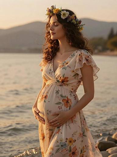 Pregnant Woman in Floral Maternity Dress by the Shore