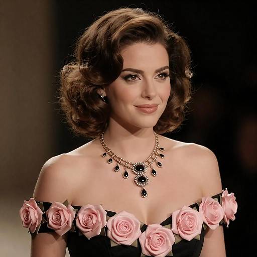 Elegant Woman in Black Dress with Pink Roses