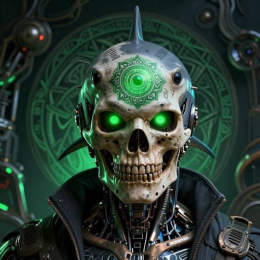 Digital art of a cybernetic skull with glowing green eyes and intricate green mandala on the forehead, wearing a black, metallic jacket, set against