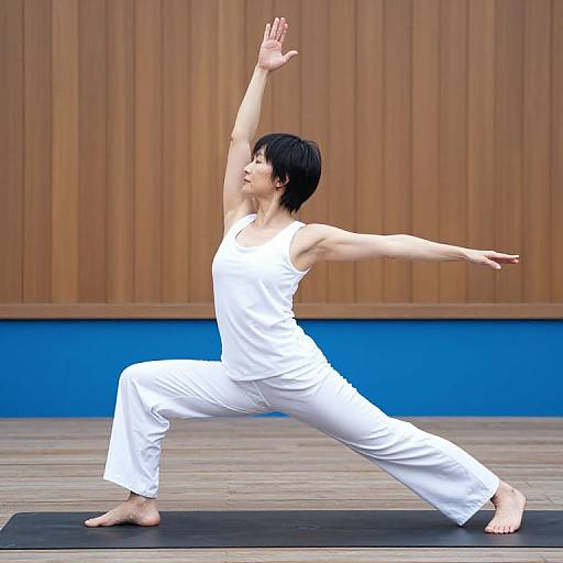 Person Doing Yoga Pose on Wooden Deck
