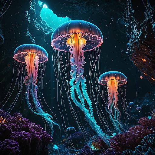 Bioluminescent Jellyfish in Deep Sea Cavern