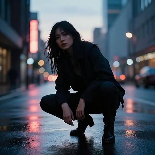 Photograph of a wet-haired, pensive Asian woman in dark clothes, crouching on a rain-soaked urban street at dusk, with blurred