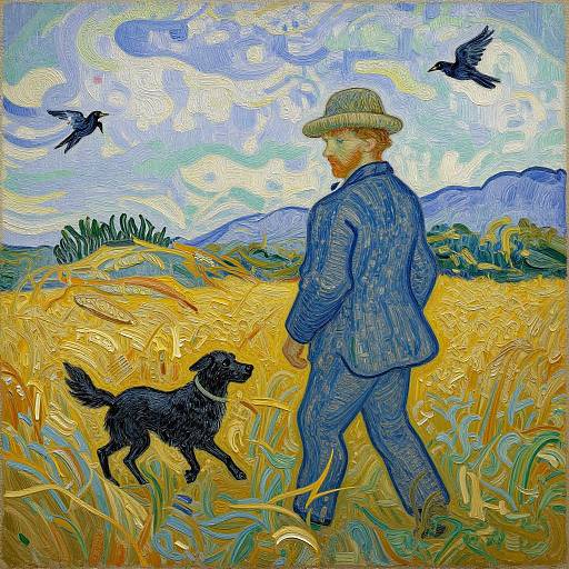 Vincent van Gogh-style painting of a bearded man in a blue suit and hat, walking a black dog through a golden wheat field with swirling