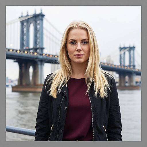 Photograph of a blonde woman with straight hair, wearing a black jacket and maroon shirt, standing in front of a blurred Brooklyn Bridge. Overcast