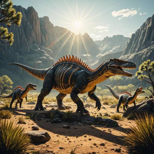 Spinosaurus with Juveniles in Prehistoric Landscape