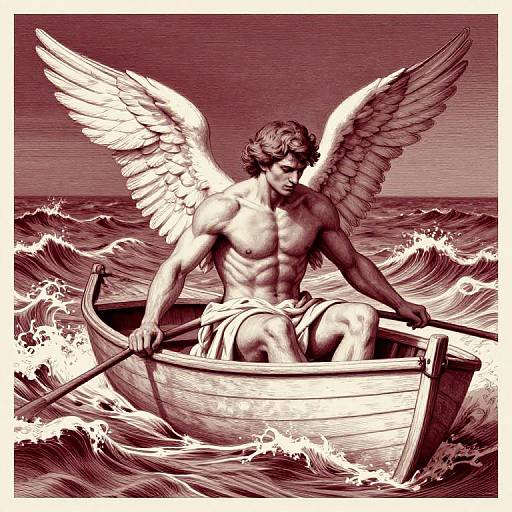 Muscular Angel Rowing Boat on Wild Sea