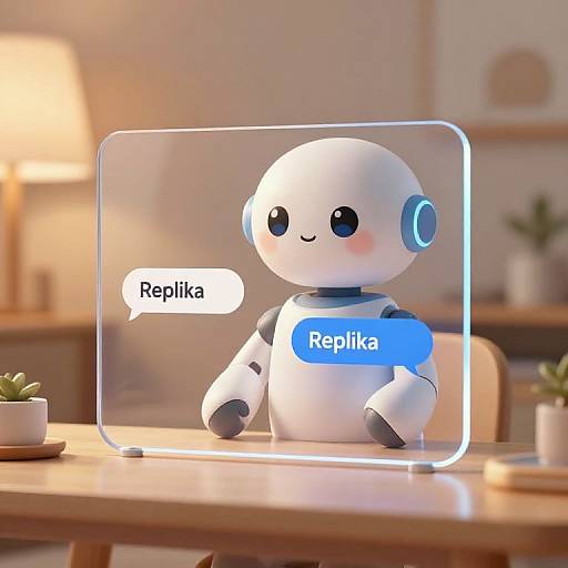 CGI image of a cute, white, robot with blue accents, large black eyes, and a smile, labeled 