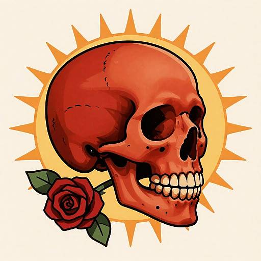 Crimson Skull with Rose and Sunburst