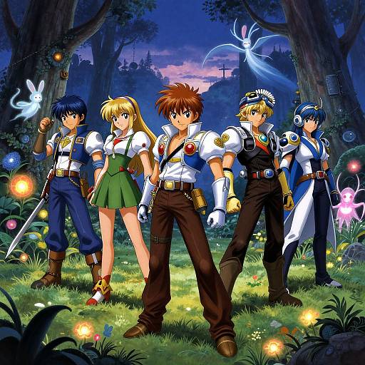 Anime-style illustration: Five adventurers stand in a magical forest at twilight, surrounded by glowing fireflies, and ethereal creatures. Bright colors, detailed outfits