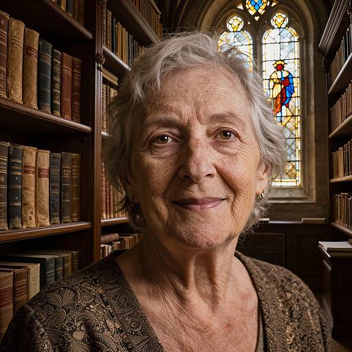 Photograph of an elderly woman with short gray hair, smiling in a dimly lit library, surrounded by bookshelves and a colorful stained glass window