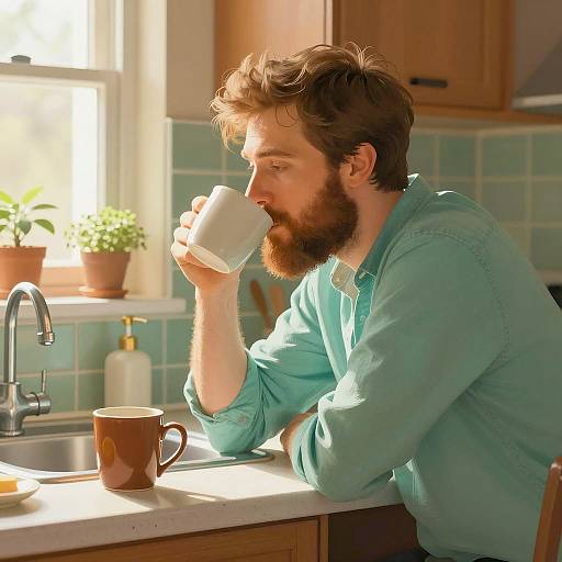 Warm Kitchen Scene with Bearded Man