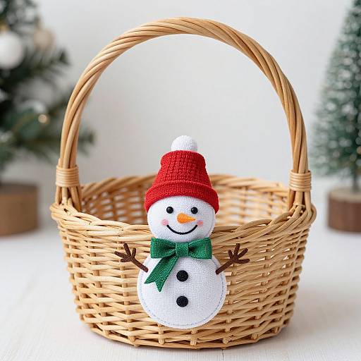 Photograph of a cute, handmade felt snowman with red hat and green scarf, nestled in a woven basket against a blurred festive background.
