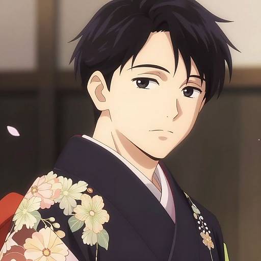 Anime-style digital drawing of a young man with black hair, wearing a black floral kimono, looking slightly to the side.
