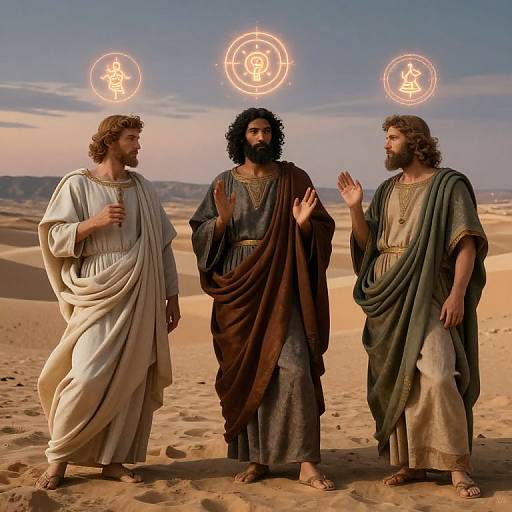 Photograph of three ancient, bearded men in desert, wearing togas, with glowing, neon-like symbols above their heads, set against a sandy