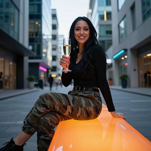 Photograph of a smiling woman with long black hair, wearing a black top and camouflage pants, sitting on an orange street barrier, holding a champagne glass