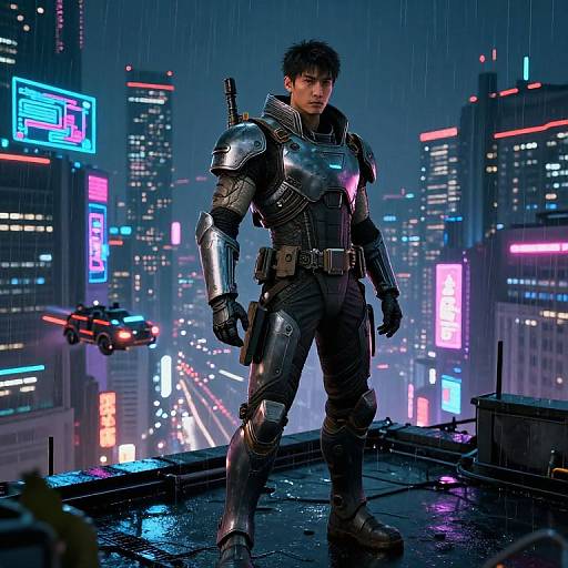Cyberpunk soldier in shiny black armor stands on rooftop in neon-lit, rainy cityscape; futuristic skyscrapers and flying car in background.