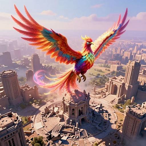 Digital artwork of a vibrant, rainbow-feathered phoenix soaring over a bustling, sunlit cityscape with towering buildings and a bright, clear sky.