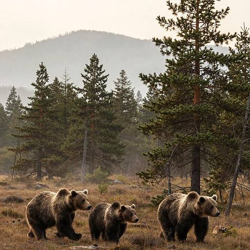 Bears Walking Through Misty Forest