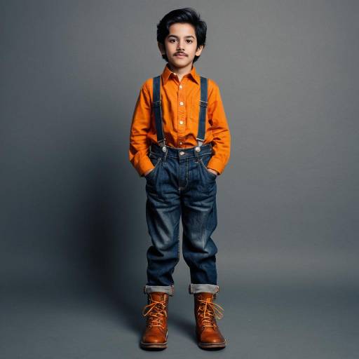 Boy in Denim Overalls and Orange Shirt with Mustache