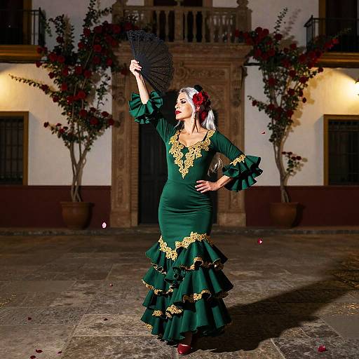 Photograph of a Latina woman in a green, gold-embellished ruffled dress, holding a black fan, standing in a courtyard with p
