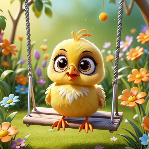 Charming Cartoon Chick on Garden Swing
