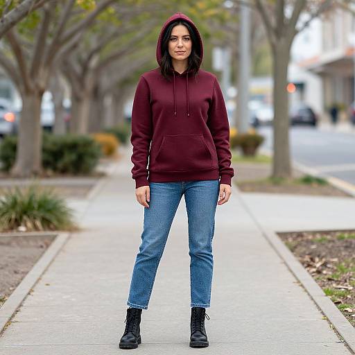 Photograph of a young woman with dark hair, wearing a maroon hoodie, blue jeans, and black boots, standing on a suburban sidewalk lined with
