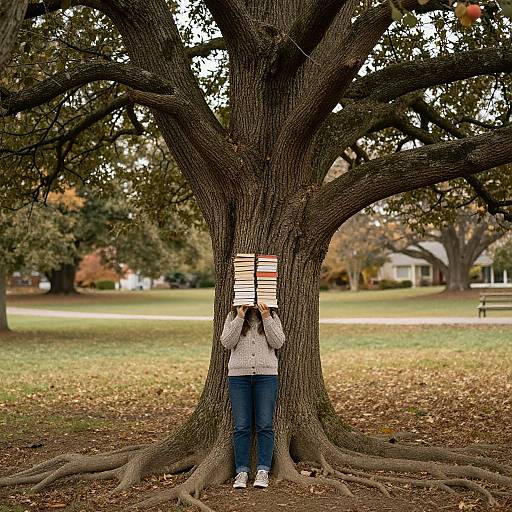 Photograph of a person standing behind a large tree, hiding behind a book with red and white stripes, wearing a beige sweater and blue jeans, in