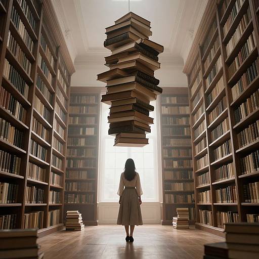 Photograph of a woman in a knee-length dress, standing in a vast, sunlit library with towering bookshelves and a floating stack of books