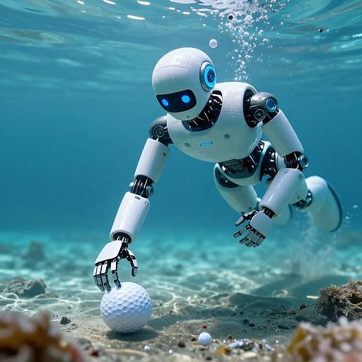 Photograph of a futuristic white and black robotic diver with glowing blue eyes underwater, reaching for a textured golf ball on a coral seabed.