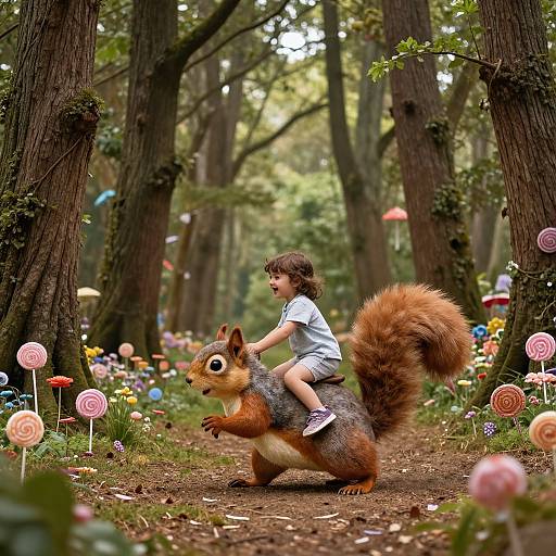 Photograph of a young girl in a white shirt riding a giant, whimsical squirrel through a forest filled with colorful, oversized lollipops and