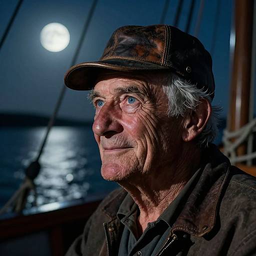 Photograph of an elderly man with gray hair, blue eyes, and wrinkles, wearing a brown camouflage cap and jacket, gazing at a bright full