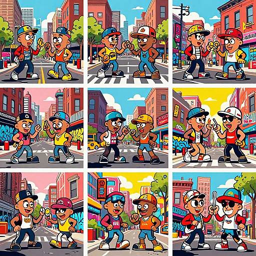 Cartoon comic strip: Two male street kids in colorful clothes and caps interact playfully in a sunny urban neighborhood. Vibrant, pixelated style.