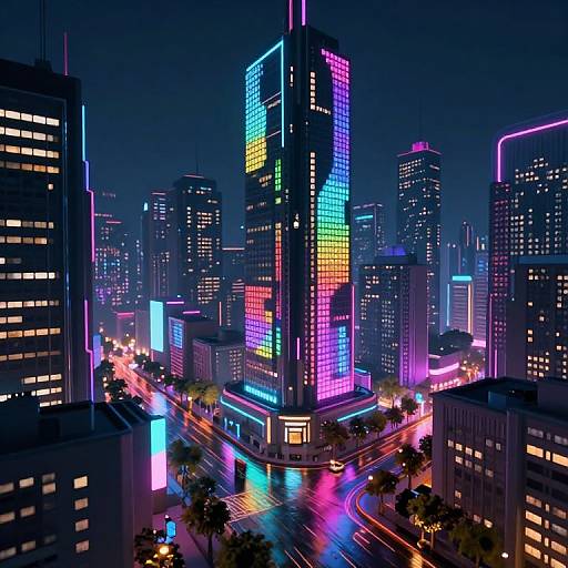 Neon-lit, futuristic cityscape photograph at night, featuring vibrant, multicolored skyscrapers with glowing lights, busy streets with colorful traffic