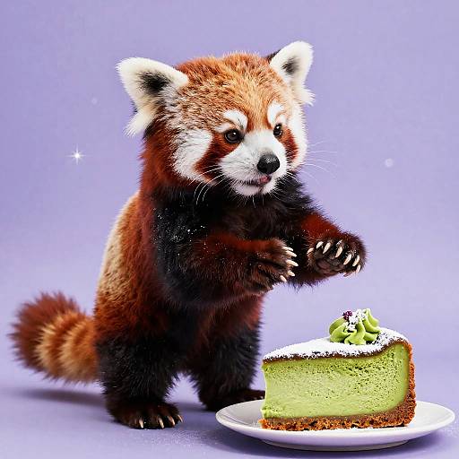 Red Panda Reaching for Matcha Cheesecake