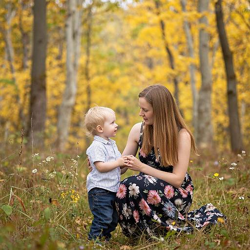 Photograph of a fair-skinned woman with long brown hair and a black floral dress, kneeling in a golden autumn forest, holding hands with a blonde