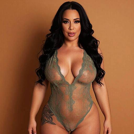 Photograph of a curvy woman with long black hair, wearing a sheer, green lace bodysuit with deep plunging neckline, revealing large breasts
