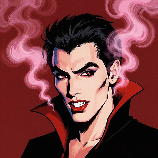 Digital art of a dark-haired, pale-skinned male with red eyes, black eyebrows, and red lipstick, exhaling pink smoke, wearing a high
