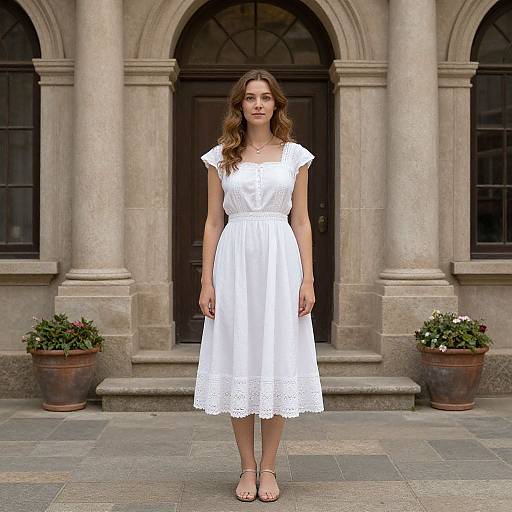 Photograph of a young woman with wavy brown hair, wearing a white, lace-trimmed, knee-length dress and sandals, standing in front