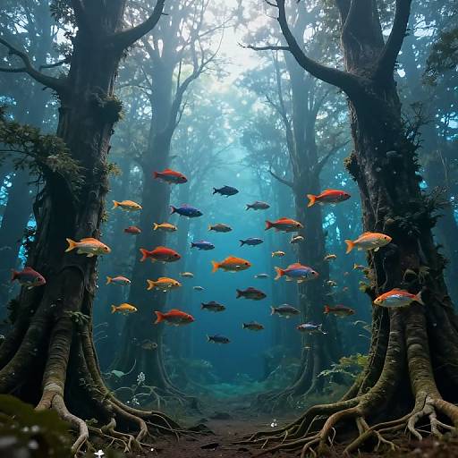 Photograph of an underwater forest scene with colorful fish swimming among tall, moss-covered tree trunks and roots, illuminated by blue light.
