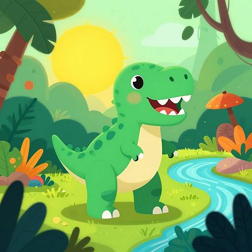 Cartoon green dinosaur with black spots and white claws smiles in sunny, colorful forest with river, trees, and orange mushroom.