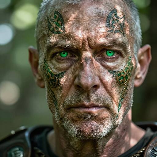Close-up photograph of an older man with gray hair, green eyes, and intricate green face paint, standing in a forest. Sunlight filters through leaves