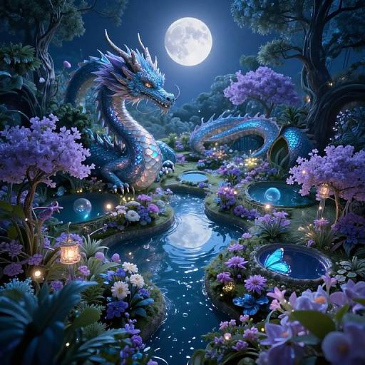 Digital fantasy illustration of a glowing blue dragon winding through a moonlit, enchanted forest with a reflective stream, pink flowers, glowing orbs, and lanterns