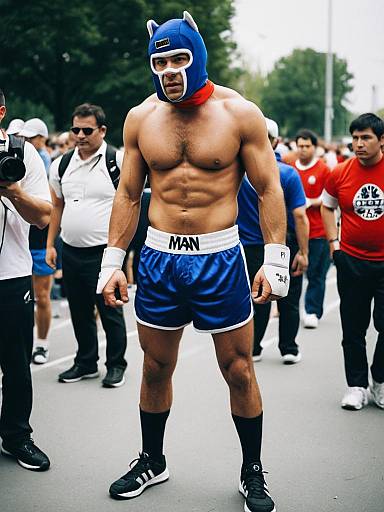 Man in Blue Boxer Costume at Sports Festival