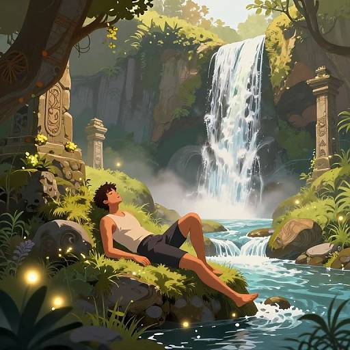 Digital painting: A young man with dark curly hair and a white tank top, lounges on a grassy rock by a serene waterfall, surrounded by