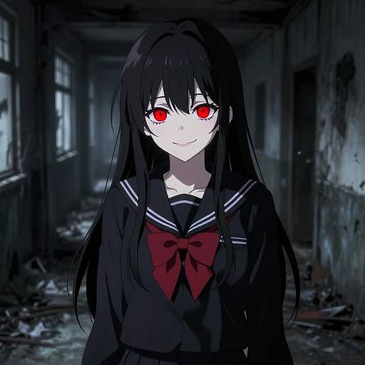 Anime-style digital drawing of a pale-skinned girl with long black hair, red glowing eyes, and a dark sailor uniform with a red bow, standing