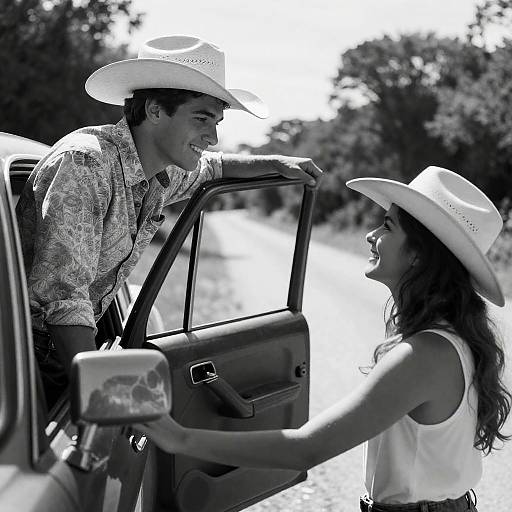 Young Couple in Cowboy Hats by Car
