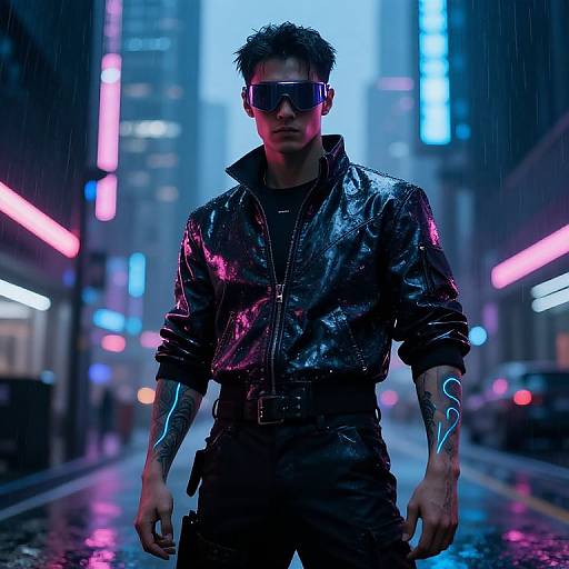 Cyberpunk street scene: Dark-haired man in reflective black jacket, sunglasses, and neon tattoos, stands in rain-soaked alley with glowing neon lights