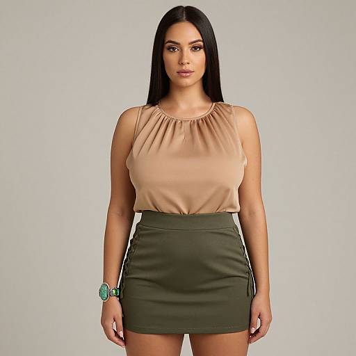 Photograph of a young woman with long black hair, wearing a beige sleeveless top and olive green high-waisted mini skirt, with a green
