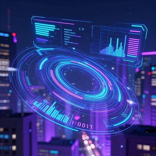 Digital CGI of a neon-lit, futuristic cityscape with glowing blue and purple holographic graphs and data circles floating above skyscrapers.