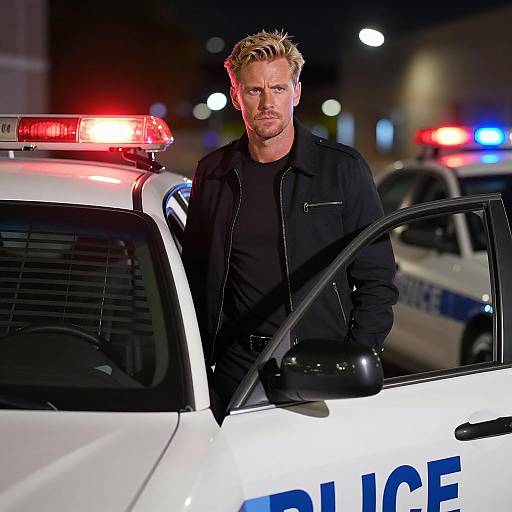 Serious Blonde Man by Police Car at Night